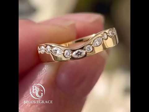 Unique Design Yellow Gold Marquise & Round Cut White Sapphire U Shape Half Eternity Wedding Band For Women