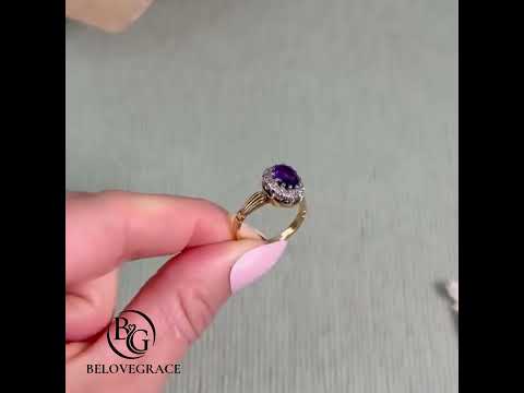 Vintage Halo Two Tone Oval Cut Amethyst Sapphire Engagement Ring