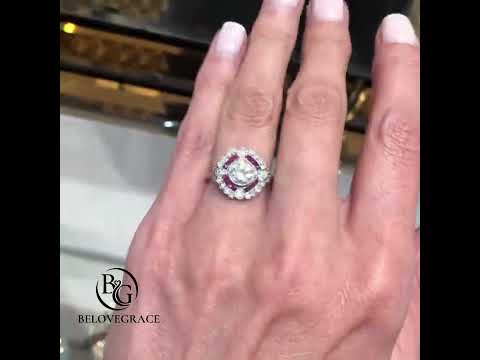 Luxury Jewelry Art Deco Halo Bezel Round Cut White & Ruby Sapphire Engagement Rings