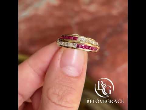 Channel Setting Golden Baguette & Round Cut Ruby Sapphire Wedding Band Ring