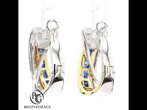 Two Tone Crossover Design Asscher Cut Blue Sapphire Hoop Earrings For Women