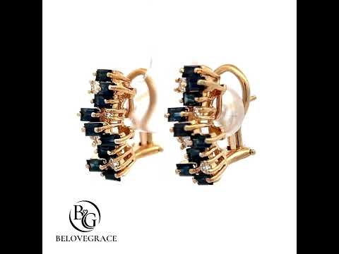 Cluster Design Yellow Gold Baguette Cut Blue Sapphire Stud Earrings For Women