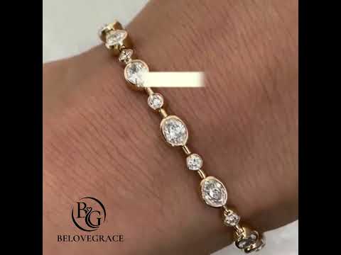 Classic Bezel Yellow Gold Oval & Round Cut White Sapphire Line Tennis Bracelet For Women