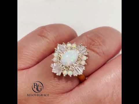 Art Deco Golden Halo Oval Cut Opal & White Sapphire Moissanite Engagement Ring