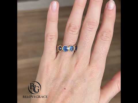 Classic Bezel Eternity Yellow Gold Round Cut Blue Sapphire Wedding Band For Women