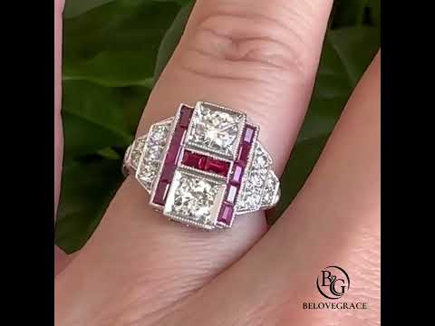 Art Deco Round & Baguette Cut White & Ruby Sapphire Engagement Ring