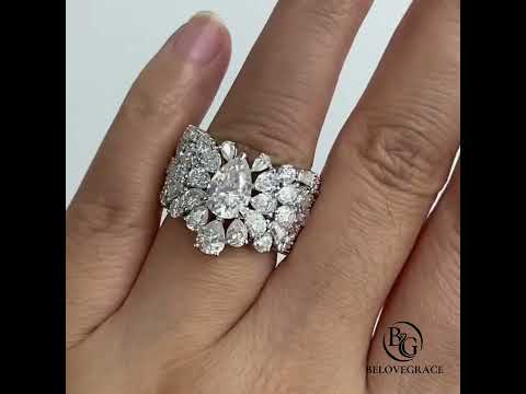 Unique Multi-Row Cluster Pear Cut Moissanite Engagement Ring