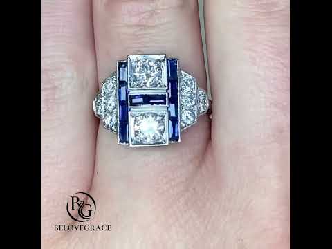 Vintage Art Deco Bezel Round Cut White & Blue Sapphire Engagement Ring