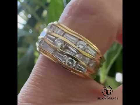 Wide Golden Multi-Layer Mix Cut Moissanite Wedding Band Ring