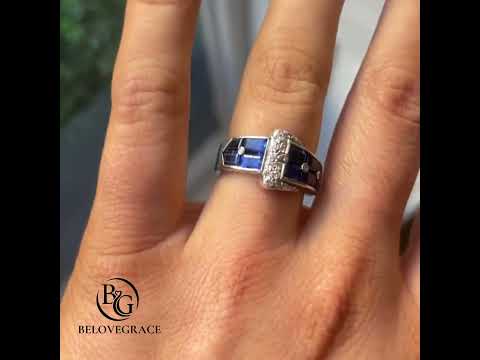 Luxury Jewelry Art Deco Iridium Buckle Design Emerald Cut Blue & White Sapphire Half Eternity Wedding Band For Women