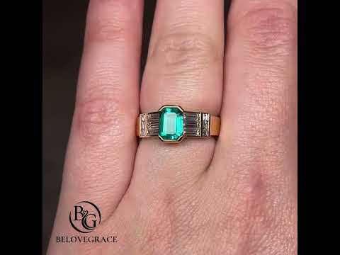 Vintage Half Bezel Yellow Gold Emerald Cut Emerald Sapphire Engagement Ring