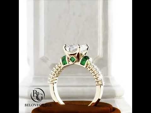 Yellow Gold Emerald Cut White & Emerald Sapphire Engagement Ring