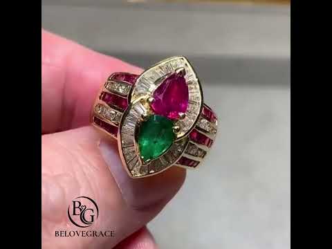 Luxury Jewelry Yellow Gold Halo Pear Cut Emerald & Ruby Sapphire Engagement Ring