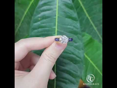 Double Prong White & Blue Sapphire Round & Baguette Cut Moissanite Engagement Ring