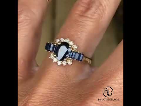 Luxury Floral Halo Oval Cut Blue Sapphire Moissanite Engagement Ring