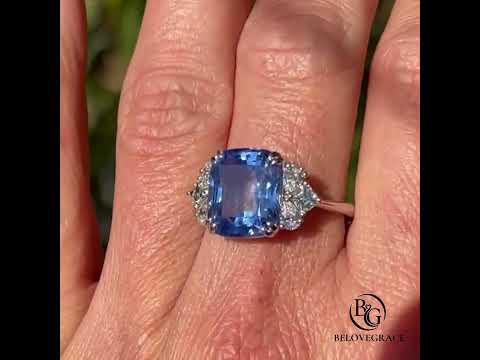 Vintage Prong Setting Blue Sapphire Cluster & Cushion Cut Moissanite Engagement Ring