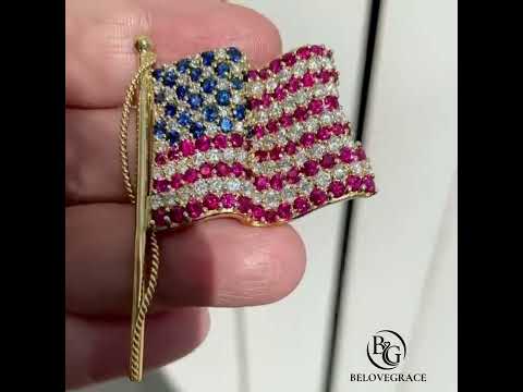 Golden Round Cut Blue & Ruby Sapphire American Flag Brooch