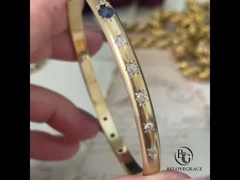 Star Setting Blue Sapphire Yellow Gold Bangle Bracelet For Women