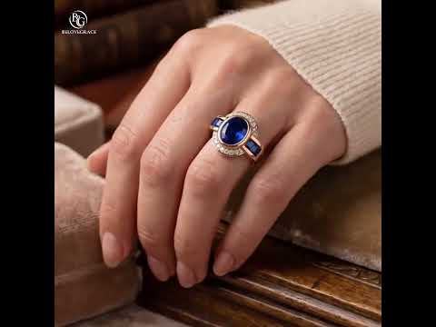 Art Deco Two Tone Bezel Setting Oval Cut Blue Sapphire Engagement Ring