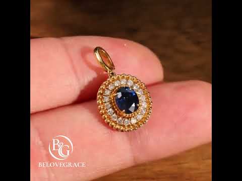 Vintage Halo Yellow Gold Oval Cut Blue Sapphire Pendant Necklace For Women