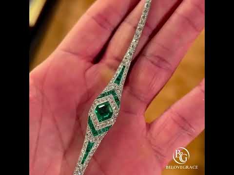 Art Deco Halo Asscher Cut Emerald & White Sapphire Bracelet For Women