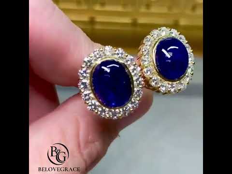 Halo Yellow Gold Oval Cabochon Cut Blue Sapphire Stud Earrings For Women