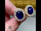 Halo Yellow Gold Oval Cabochon Cut Blue Sapphire Stud Earrings For Women