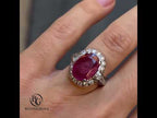 Vintage Halo Three Stone Oval Cut Ruby Sapphire Engagement Ring