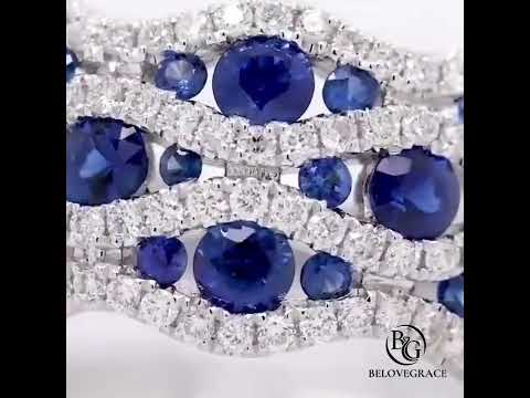 Wave Shape Multi Row Round Cut Blue Sapphire Wedding Band Ring