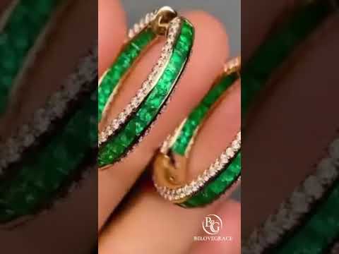 Channel Setting Yellow Gold Triple Row Baguette Cut Emerald Sapphire Hoop Earrings For Women