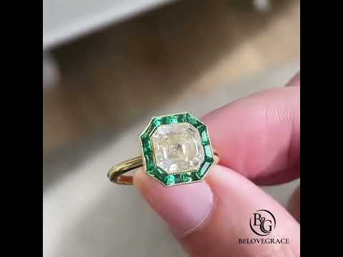 Golden Halo Asscher Cut White & Emerald Moissanite Engagement Ring