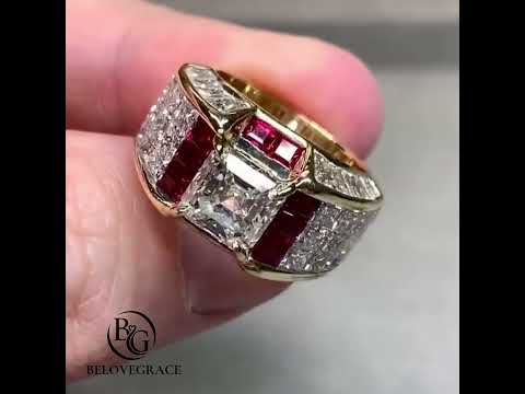 Art Deco Yellow Gold Halo Asscher Cut White & Ruby Sapphire Engagement Ring