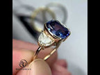 Luxury Jewelry Yellow Gold Half Bezel Three Stone Cushion Cut Blue & White Sapphire Engagement Ring