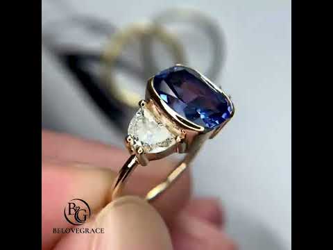 Luxury Jewelry Yellow Gold Half Bezel Three Stone Cushion Cut Blue & White Sapphire Engagement Ring