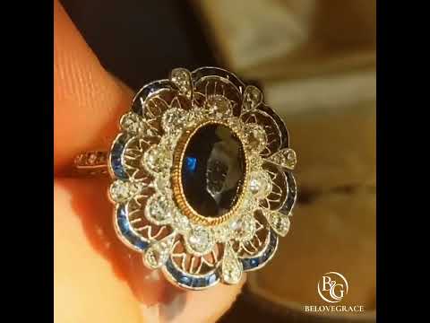 Art Deco Two Tone Halo Oval Cut Blue Sapphire Engagement Ring