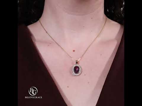 Vintage Two Tone Halo Oval Cut Amethyst & White Sapphire Pendant Neklace For Women