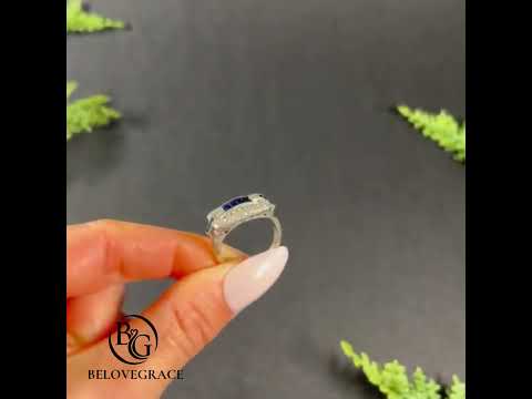 Vintage Art Deco Halo Baguette Cut Blue & White Sapphire Cocktail Ring For Women