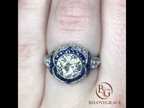 Art Deco Milgrain Brilliant Cut Blue Sapphire Engagement Ring For Women