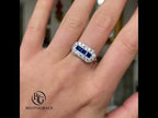 Luxury Jewelry Art Deco Halo Baguette & Round Cut Blue & White Sapphire Half Eternity Wedding Band For Women