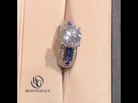 Luxury Jewelry Three Row Round & Asscher Cut White & Blue Sapphire Engagement Rings