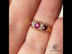Retro Engraved Pattern Golden Cushion & Round Cut Ruby Sapphire Engagement Ring
