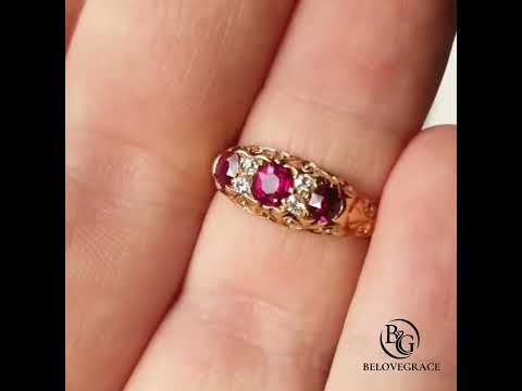 Retro Engraved Pattern Golden Cushion & Round Cut Ruby Sapphire Engagement Ring