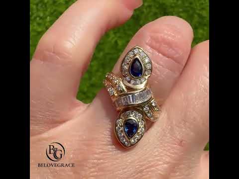 Vintage Navette Design Yellow Gold Halo Pear Cut Blue Sapphire Cocktail Ring For Women