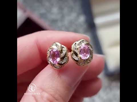 Vintage Yellow Gold Oval Cut Pink Sapphire Stud Earrings For Women