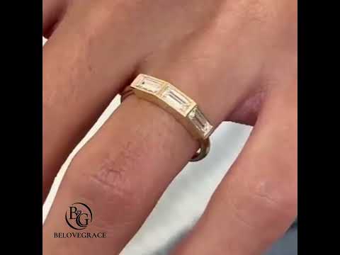 Classic Yellow Gold Bezel Three Stone Baguette Cut White Sapphire Wedding Band For Women