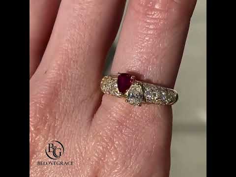 Vintage Moi Et Toi Yellow Gold Pear Cut Ruby & White Sapphire Cocktail Ring For Women