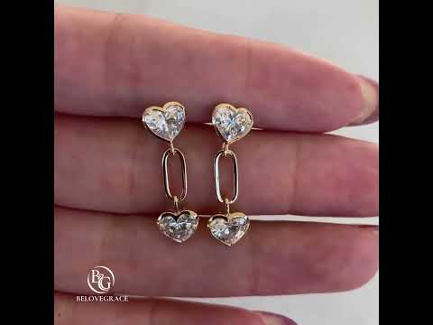 Unique Design Yellow Gold Bezel Heart Cut White Sapphire Link Drop Earrings For Women