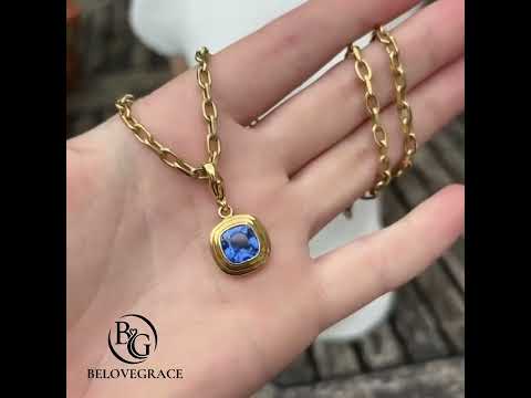 Fashion Solitaire Yellow Gold Bezel Cushion Cut Blue Sapphire Pendant Necklace For Women