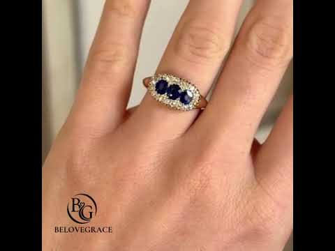 Luxury Jewelry Vintage Design Halo Oval Cut Blue & White Sapphire Half Eternity Wedding Band For Women
