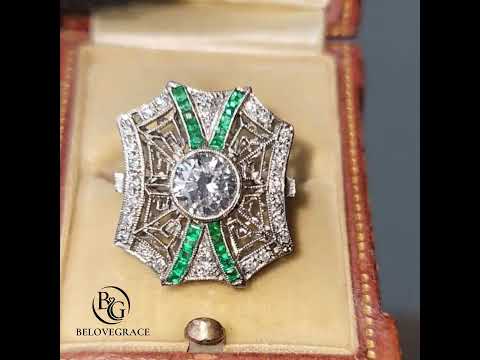 Vintage Art Deco Bezel Round Cut White & Emerald Sapphire Engagement Ring